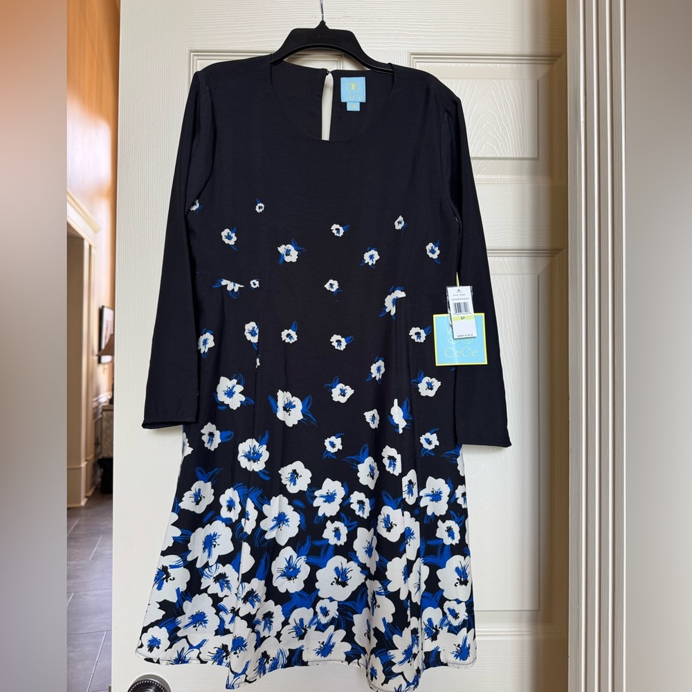 CeCe Black Lightweight long sleeve dress Floral Design.